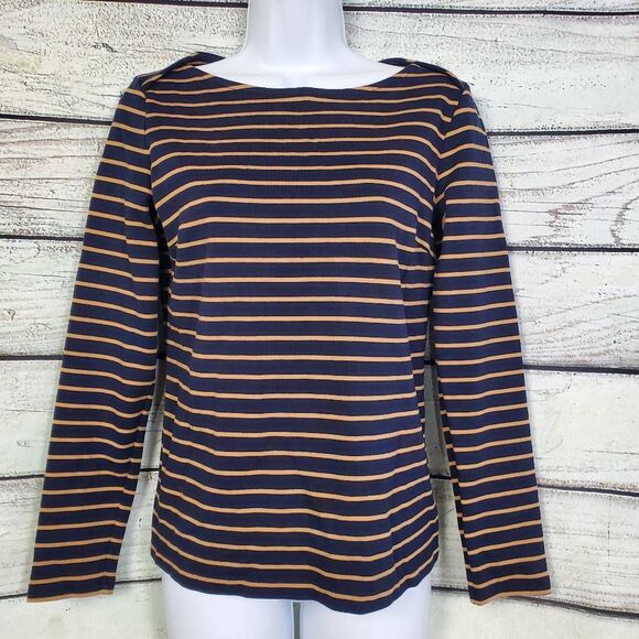 Talbots Navy & Mustard Stripe Tee Size Small Long Sleeve 100% Cotton - Picture 1 of 5